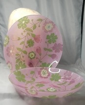 Reverse Painted Glass Bowls Pink Floral Design 9.75” Wide 1.75&quot; Deep Set... - £11.51 GBP