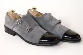NEW Handmade Men Gray Black Shoes, Men Strap Cap Toe Leather Suede Double Monk S - £114.83 GBP