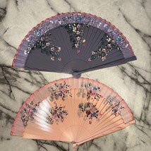 2 Vintage Handpainted Wooden Foldable Hand Fans Pink Purple Flowers 17x9... - $74.95