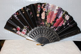 FAN ( SMALL HAND FAN ) WITH FLOWERS FLOWER BLACK #KX51061 - £5.80 GBP