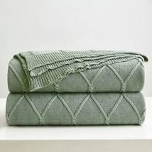 100% Cotton Sage Green Cable Knit Throw Blanket For Couch, Sofa With, Home Décor - £34.47 GBP