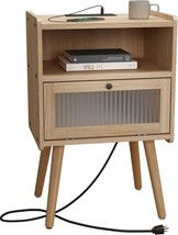 Mid Century Modern Nightstand With Charging Station, Bedside Tables, Natural - £75.03 GBP