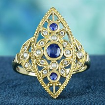 Natural Blue Sapphire Diamond Pearl Vintage Style Floral Ring in Solid 9K Gold - £668.40 GBP