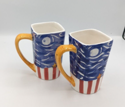 TGI Fridays Set Starry Night Flag Coffee Mugs July 4th Signed Frangelico - £13.51 GBP