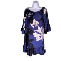 Bobeau Size Small Blue Elastic Neckline Off Shoulder Ruffle Floral Print Dress - £13.28 GBP