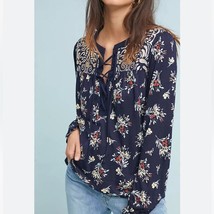 Anthropologie One September Navy Sydney Floral Tie Neck Embroidered Top Size Xs - £22.08 GBP