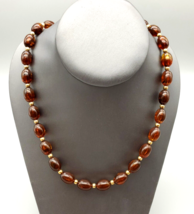 Vintage Lucite Necklace Root Beer Beads Barrel Closure Gold Accents Translucent - £9.59 GBP