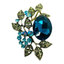 Brooch Or Pendant Lg Blue Green Rhinestone Gold Tone Glass Crystal 2.5” - £12.69 GBP