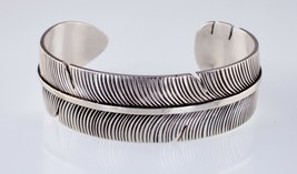 Amazing Vintage Navajo Silver Feather Cuff Bracelet Signed NM - £205.65 GBP