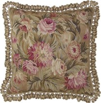 Aubusson Throw Pillow Handwoven Wool 22x22, Pink Flowers Green Leaves - $439.00