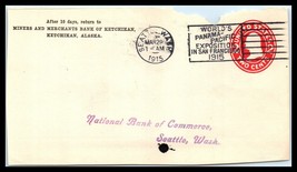 1915 US Cover (FRONT ONLY) - Miners Merchants Bank of Ketchikan, Seattle, WA R9 - £2.31 GBP