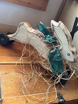 Large Rustic White Painted Wood Bunny Rabbit on Black Wheels w Straw &amp; Green Pap - £22.04 GBP