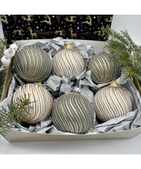 Set of gray and white with glitter lines XMAS glass balls,hand painted o... - £42.58 GBP