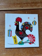 Vintage Outeiro Agueda Rooster w Hearts &amp; Red Flower Art Pottery Ceramic Tile – - £6.72 GBP