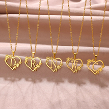 Gold Color Dainty Flower Initials Necklace Women Girl Stainless Steel Heart Lett - £9.59 GBP