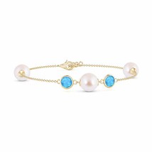 ANGARA Japanese Akoya Pearl and Swiss Blue Topaz Bracelet in 14K Solid Gold - £671.98 GBP