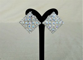 Vintage silver tone &amp; aurora borealis rhinestone diamond shaped post ear... - £9.37 GBP