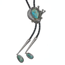 39&quot; 60&#39;s-70&#39;s Native American silver and turquoise bolo tie with fancy d... - £313.98 GBP
