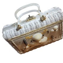 Vintage 50s Atlas Wicker Straw Seashell Handbag Lucite Handles Kitschy W... - £67.08 GBP