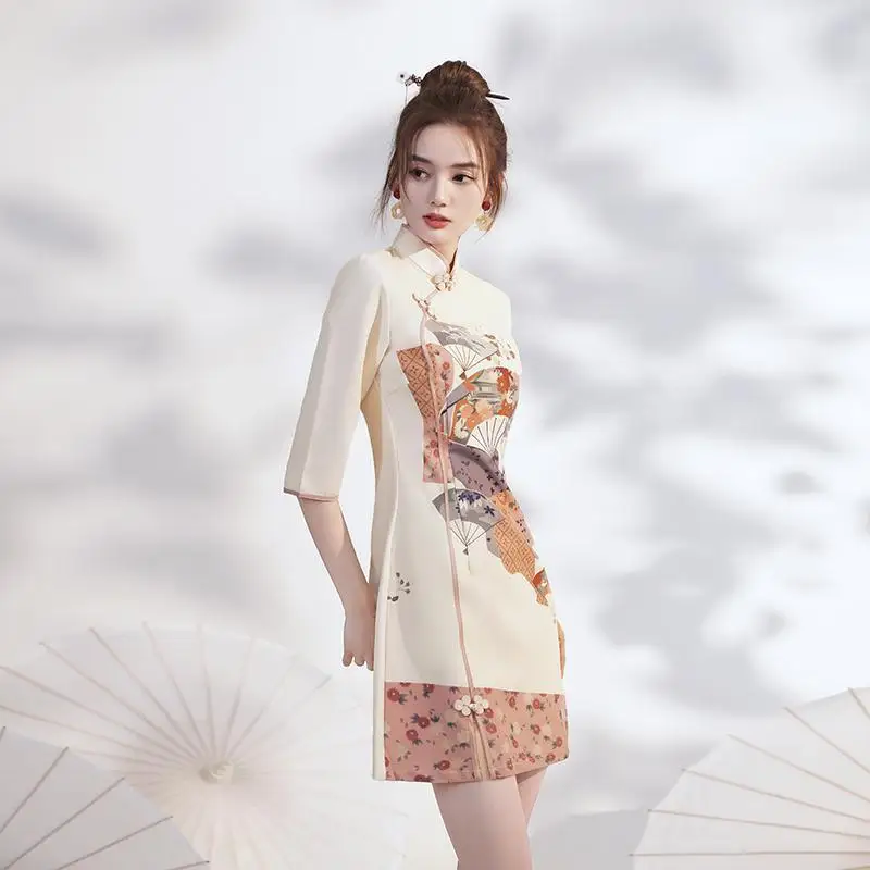 Sporting Women Dresses Vintage Printed Stand Collar Chinese Style Spring Reforme - £36.53 GBP