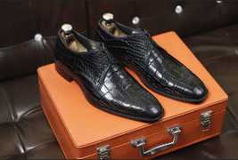 Handmade men&#39;s bespoke Black embossed alligator leather formal lace dres... - £144.22 GBP+