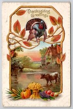 Thanksgiving Greetings Turkey And Country Scene Cow In Water Postcard K29 - £4.70 GBP