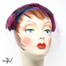 Vintage 50s Pink Feather Fitted Cocktail Hat w Veil - Frames Your Face -... - £22.02 GBP