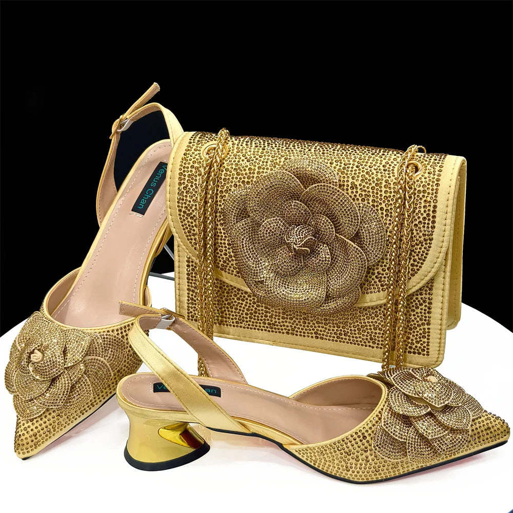 Pointed-Toe Large Flower Decoration Rhinestone Low Heel Italian Design Shoes and Item image 9