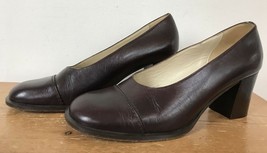 J Crew Italy Brown Leather Chunky Block High Heel Round Cap Toe Pumps 8.... - $29.69