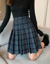 Navy Blue Plaid Skirt Outfit Women Plus Size Knee Length Pleated Plaid Skirt image 6