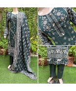 Pakistani  Dark Green Printed Straight Shirt 3PCS Lawn Suit w/ Threadwor... - $908.03 MXN