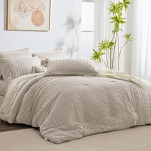 Cozylux King Seersucker Comforter Set With Sheets Beige Bed In A Bag, Pillowcase - £48.60 GBP