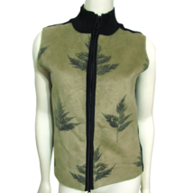 Robert Kitchen Green Faux Suede Vest M Fern Leaf Zip Sweater Black Knit Top 8 - £17.40 GBP