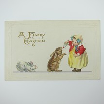 Easter Postcard Girl Yellow Dress &amp; Bonnet Feeds Bunny Rabbits Embossed Antique - £7.86 GBP