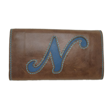 Leather Wallet Personalized Letter N Brown Blue Stitching Brand New - £23.25 GBP