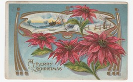 Vintage Postcard Christmas Poinsettias Farm House in Snow Gold Art Nouveau 1910 - £6.22 GBP