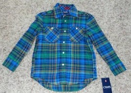 Boys Shirt Flannel Chaps Blue Green Plaid Long Sleeve Button Up Shirt $30-size 4 - $13.86