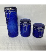 Vintage Cobalt Blue Glass Canisters W/Fruit Pattern &amp; Wire Bale Lids, Se... - $59.90