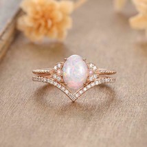 Opal Engagement Wedding Bridal Set Oval Cut Lab Opal Diamond Matching Band ring - £88.21 GBP