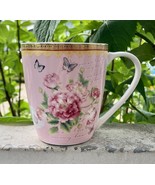 Eileens Reserve Coffee Tea Mug Pink Peonies Roses Butterflies Gold Trim ... - $203.02 MXN
