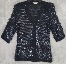 Made In Italy Womens Small Black Sequined Wool Button Up Vintage Cardigan - £97.37 GBP