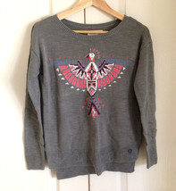 New Hollister Women Gray Pink Tribal Phoenix Graphic Crew Long Sleeve Sweater M - £23.59 GBP