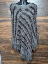 Lapis Poncho Cape Sweater Size XL Fringe Gray Grey Purple Eyelash Trim V... - $360.74 MXN