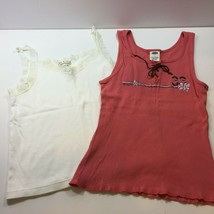 Old Navy Womens Tank Top Lot 2 White Brick Red Flower Ribbed Lace Trim Large - £15.74 GBP