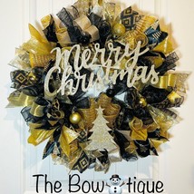 Black &amp; Gold Merry Christmas Tree Ribbon Door Wreath Handmade 22 ins LED W24 - £55.95 GBP