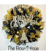 Black &amp; Gold Merry Christmas Tree Ribbon Door Wreath Handmade 22 ins LED... - £55.04 GBP