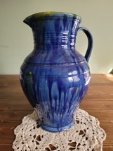 Vintage Studio Art Pottery Drip Glaze  blue and yellow pitcher - $32.73