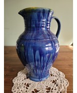 Vintage Studio Art Pottery Drip Glaze  blue and yellow pitcher - £25.73 GBP