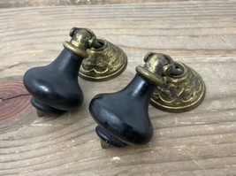 2 Victorian Black Teardrop Dresser Pulls Knob Handle Wood Brass Reclaimed - $79.15