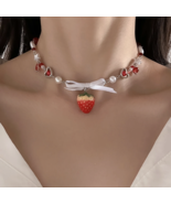 Handmade Cute Red Strawberry Collar Gothic Y2K Heart Pearl Chain Choker ... - $20.79 CAD